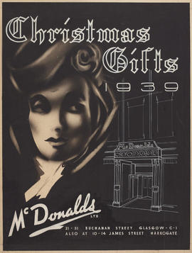Design for McDonalds Ltd christmas catalogue featuring woman's face and shop front (Version 1)
