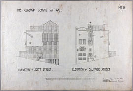 Design for Glasgow School of Art: elevation to Scott Street/elevation to Dalhousie Street