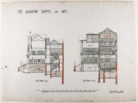 Design for Glasgow School of Art: section on line A.A/section on line D.D