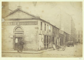 Mr George Alexander and another man in front of Brash's Cooperage on corner of Maxwell St. & ...