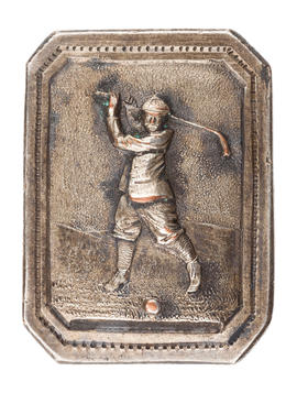 Rectangular lapel button, featuring golfer design (Version 1)