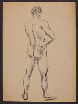 Male life study of standing figure, back view