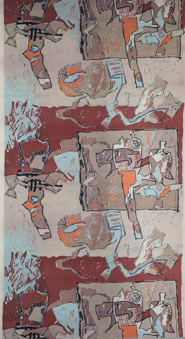 Abstract line drawing in grey, powder blue, rust red and orange (Version 2)