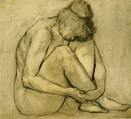 Drawing of a woman hugging her knees