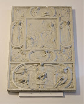 Plaster cast of decorative relief panel with classical figures from lid of chest (Version 1)