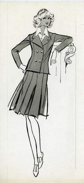 Illustration featuring woman in two piece skirt suit with shirt collar