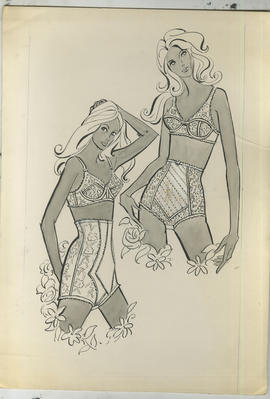 Illustrations featuring two women in lingerie with long line briefs/bras
