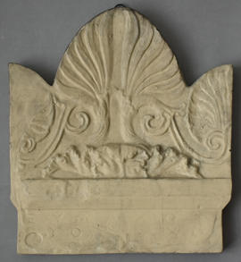 Plaster cast of top part of stele with antefixa ornament and Greek inscription (Version 2)