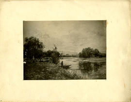 Photograph of a painting featuring a boat on the river Tweed