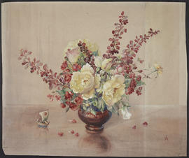 Vase of flowers, with model ship