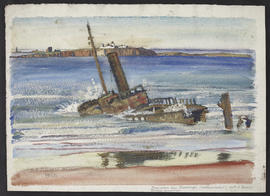 Bamburgh, sunken boat on shoreline