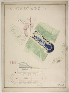 A cascade: section, plan and ariel view in colour