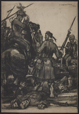 Drawing of battle scene with kilted soldiers