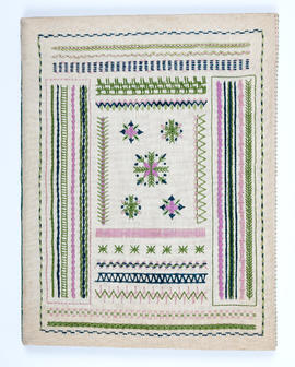 Cream and green linen embroidery sampler (Version 1)