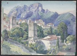 View of Italian town and mountains