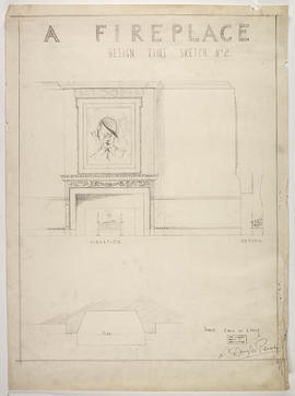 A fireplace design, featuring sketch portrait of Hitler in picture frame