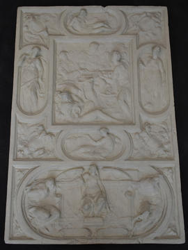 Plaster cast of decorative relief panel with classical figures from lid of chest (Version 2)