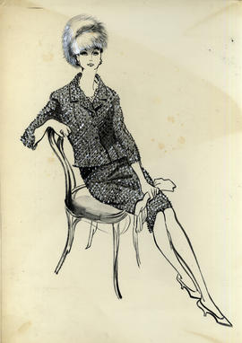 Illustration featuring seated woman in two piece dress suit with hat