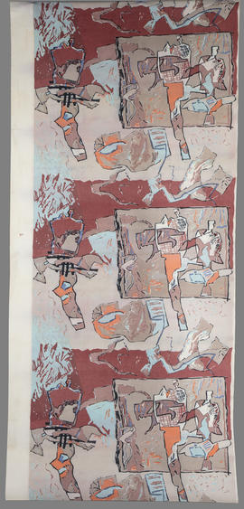 Abstract line drawing in grey, powder blue, rust red and orange (Version 1)