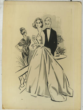 Illustration featuring woman in ball gown holding glass with male and female figures