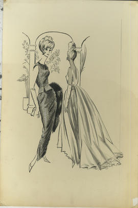 Illustration featuring two women in evening gowns
