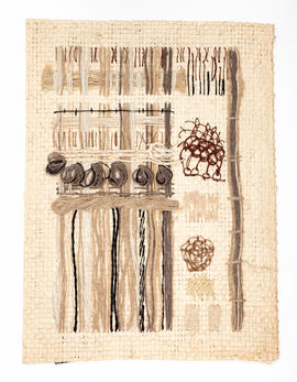 Embroidered sampler on woven raffia background (Version 1)