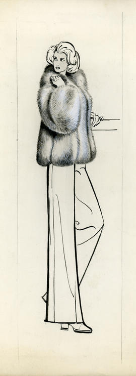 Illustration featuring woman in fur coat and wide-legged trousers
