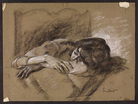 Woman reclining on bed (head on arms)
