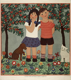 Poster of boy and girl under trees with cat and dog