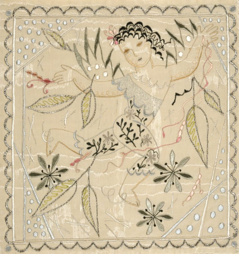 Handkerchief sachet showing a cupid dancing through flowers and leaves, by Rebecca Crompton. Machine embroidered in grey, pink and black on white silk background, 1938.