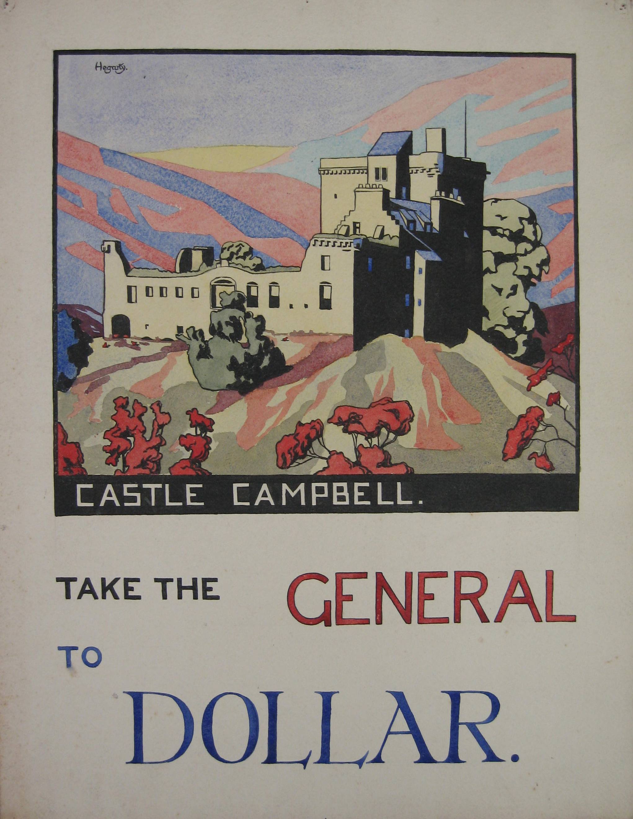 NMC 570, Poster depicting Castle Campbell, Dollar. For the Scottish General Omnibus Company Ltd, by John Hegarty, c1927