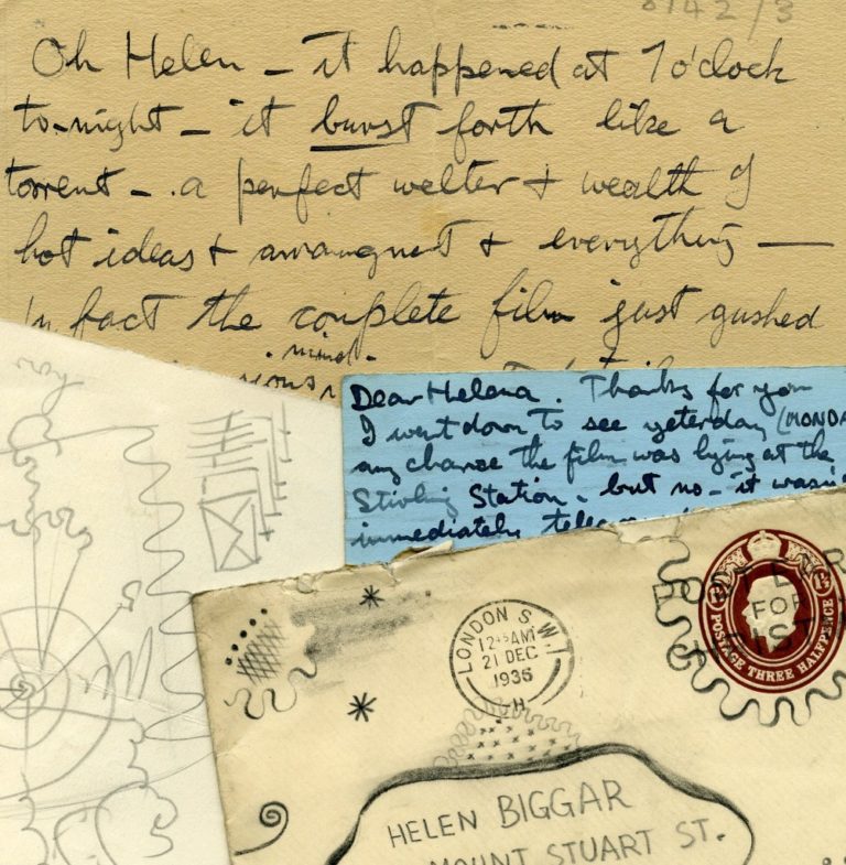 Examples of the letters and postcards sent by Norman McLaren to Helen Biggar. Courtesy University of Stirling Archives