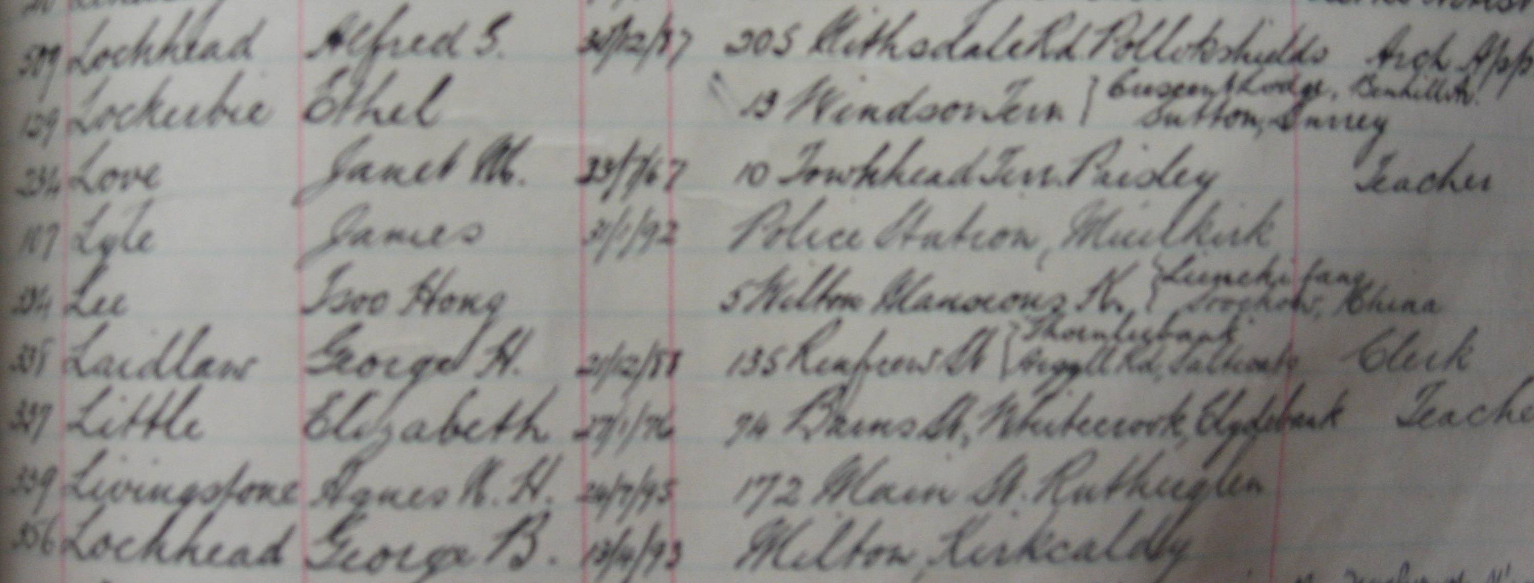 GSA student register shows Chinese student Tsoo Hong Lee was a student at the School from 1907-1912, and also tell us where he lived while he was in Glasgow