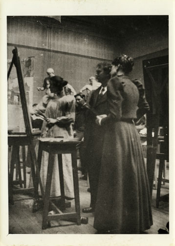 Francis Newbery and Ann Macbeth in painting studio using easels, c1912