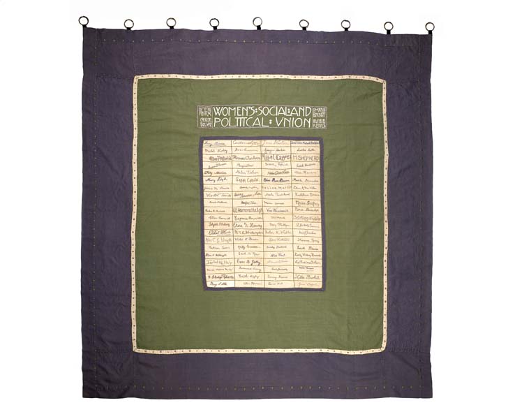 Suffragette banner 'WSPU Holloway Prisoners', 1910. It includes the embroidered signatures of 80 suffragette hunger-strikers who had 'faced death without flinching'. Made in the style of a traditional friendship quilt it symbolises the spirit of comradeship that gave suffragette prisoners the strength and courage to endure hunger strike and force feeding.