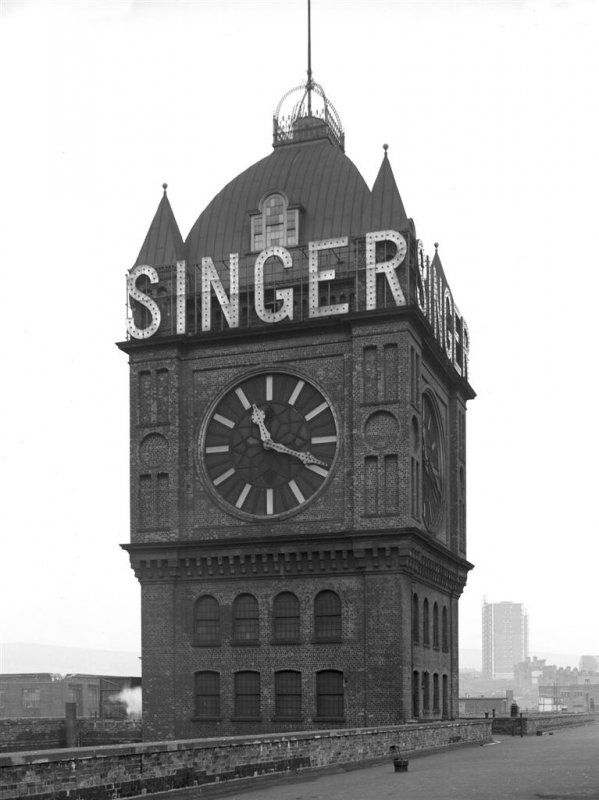 View of clock-tower at Singer's Sewing Machine Factory, Clydebank. Demolished 15 March 1963. Image credit: RCAHMS