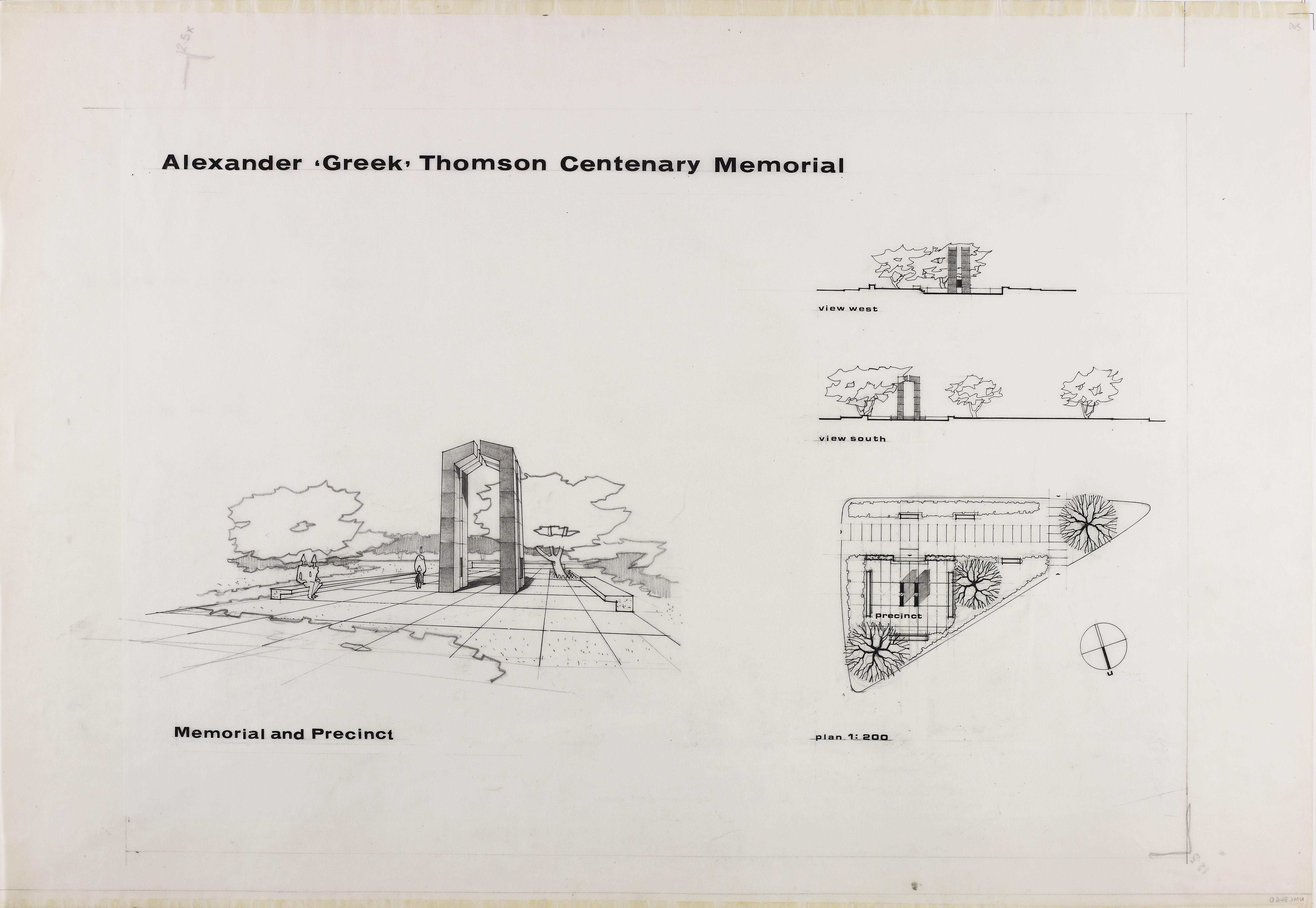 Alexander Thomson Memorial, Memorial and precinct; plan, views south and west, by Fred Selby, 1975