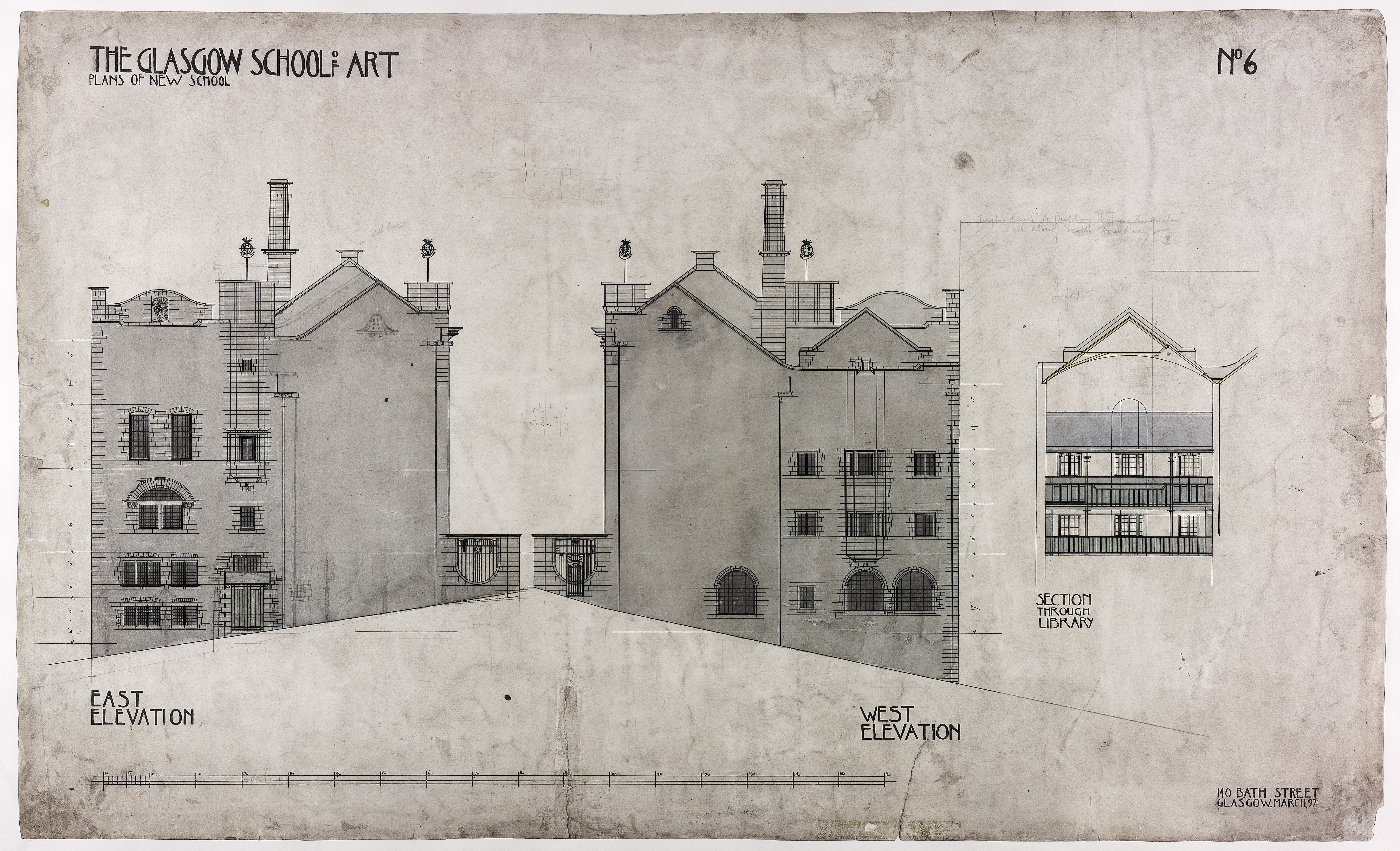 East-west elevation of the Mackintosh Building, Charles Rennie Mackintosh, 1897