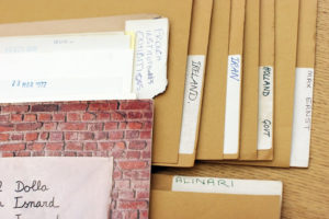his is a photo of some of the original folder labels containing outreach to other countries and international artists.