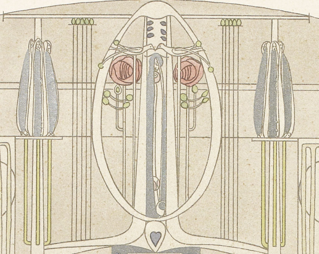 MC/G/31/A Close up of a Mackintosh sketch for a music room with piano and fireplace