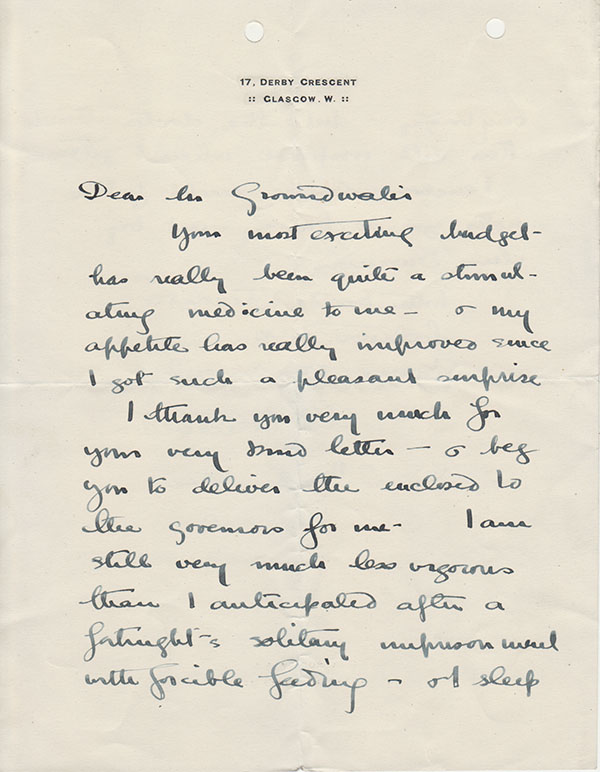 Letter from Ann Macbeth to the Mr Groundwater the School Secretary