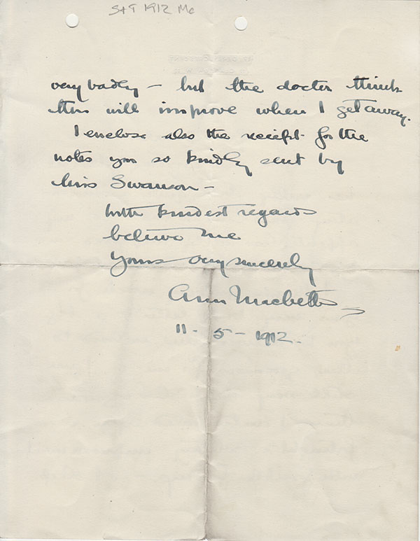 Letter from Ann Macbeth to the Mr Groundwater the School Secretary