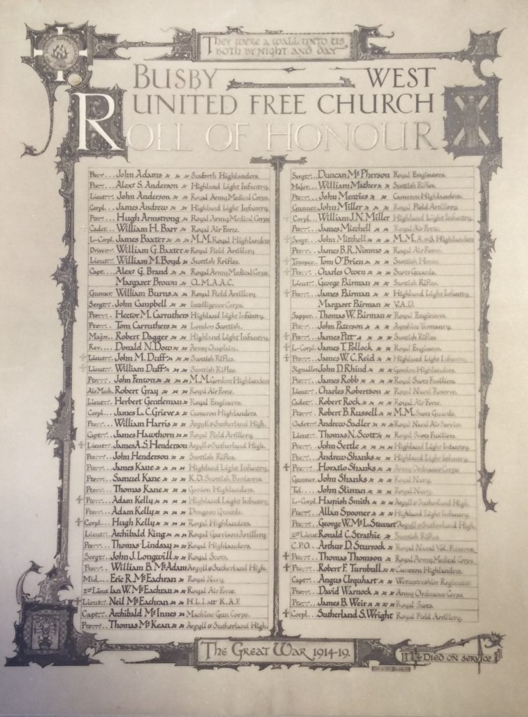 Roll of Honour Busby West United Free Church