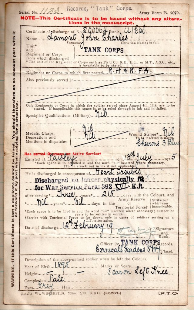 Lamont discharge certificate. Image courtesy of Harbour Cottage Gallery (Personal Archive)