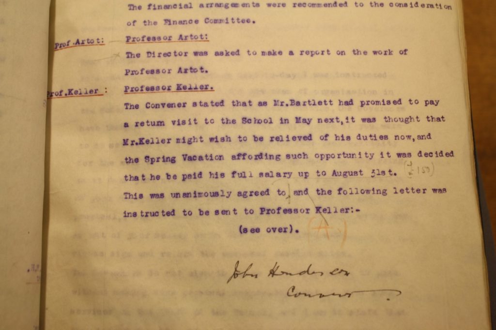 Extract from The Glasgow School of art governor’s minutes (GSAA/GOV/2/9)