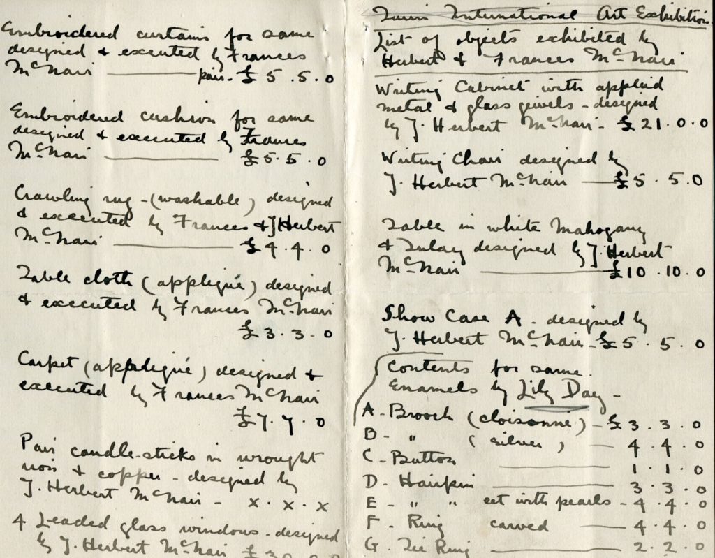 Handwritten list of items to be exhibited by Frances and Herbert McNair, c.1900, The Glasgow School of Art Archives and Collections (Archive reference: GSAA/EPH/8/1-4)