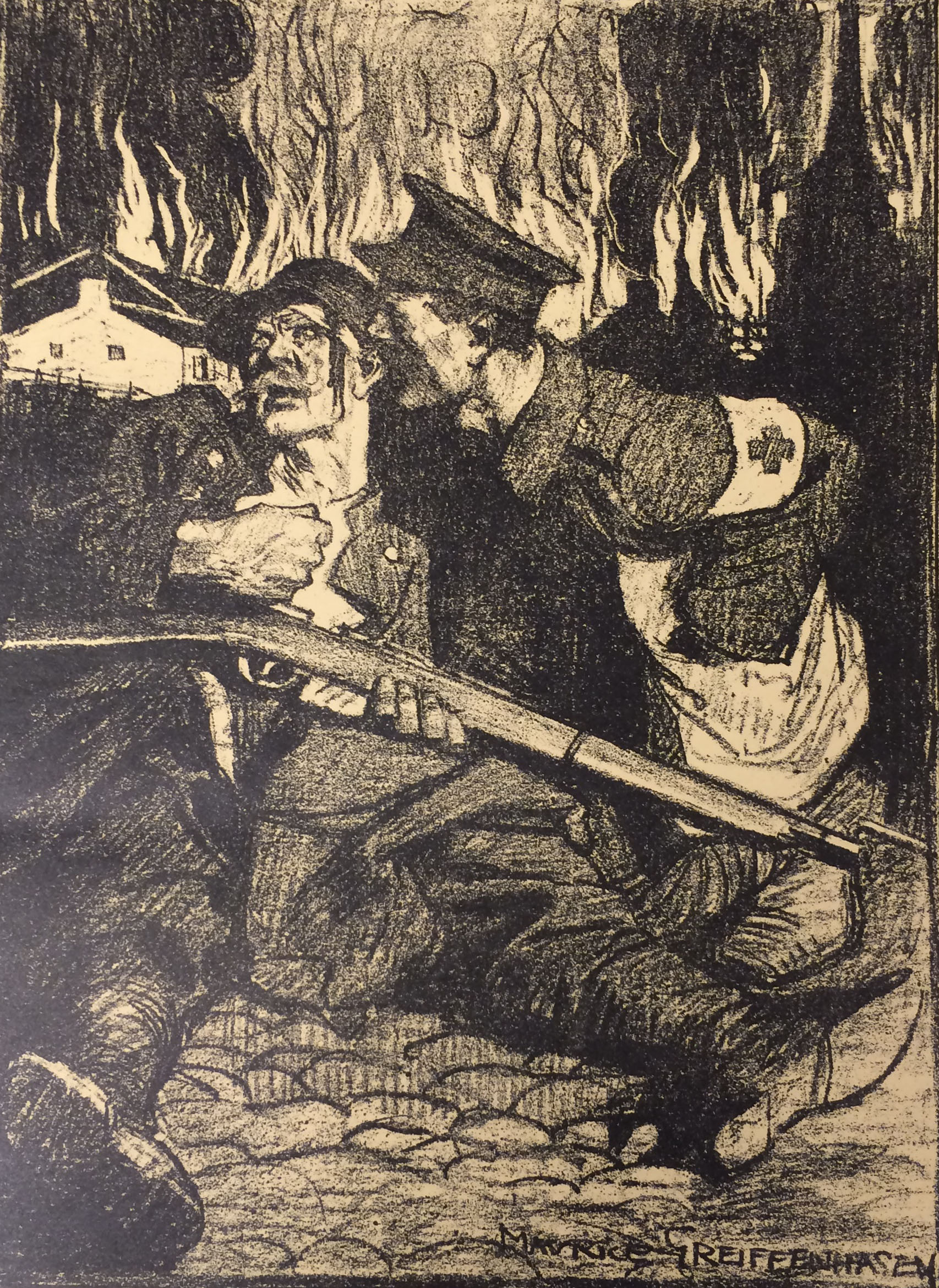 Copy of lithograph by Maurice Grieffenhagen, depicting the plight of the Belgians and the Red Cross. GSA Archives and Collections (archive reference: 