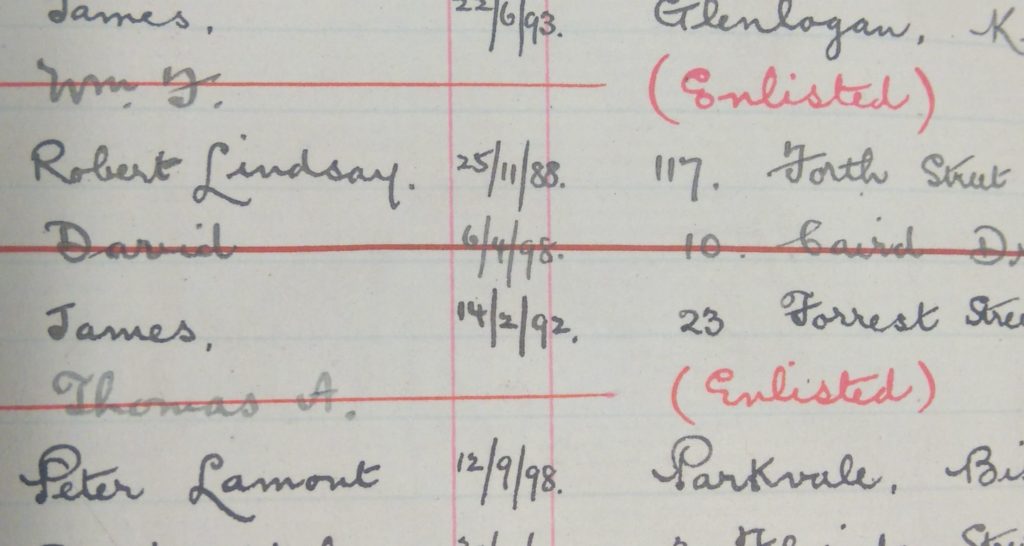 Evidence of students leaving can be seen in the student registers throughout the war period, General student register 1910-1919, Records of The Glasgow School of Art (Archive reference GSAA/REG 3/7)