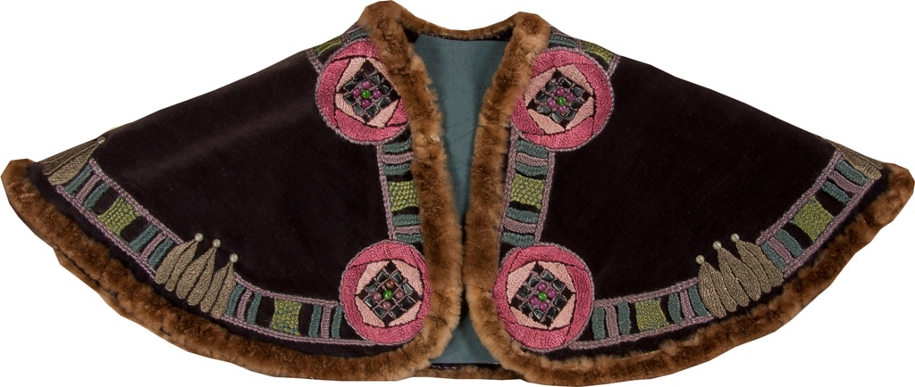 Collar made by Grace Melvin - black velvet trimmed with rabbit fur, embroidered with silk thread and embellished with glass beads (Archive Reference: GM/9)