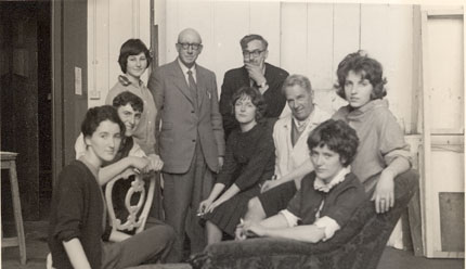 Photograph of Wilson Steel, Librarian, and Ted Odling with a group of students (Jenny Stead, Jenny Stevenson, Willie Armour, Ann Ferguson, Colette Connolly, Mary Cameron), c1950s. (Archive Reference: GSAA/P/1/50)